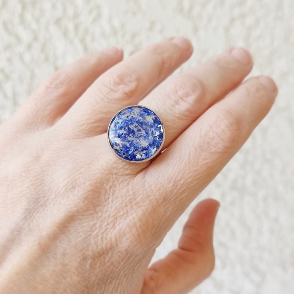 Δαχτυλίδι με μπλε νιφάδες και υγρό γυαλί - γυαλί, αυξομειούμενα, φθηνά - 4