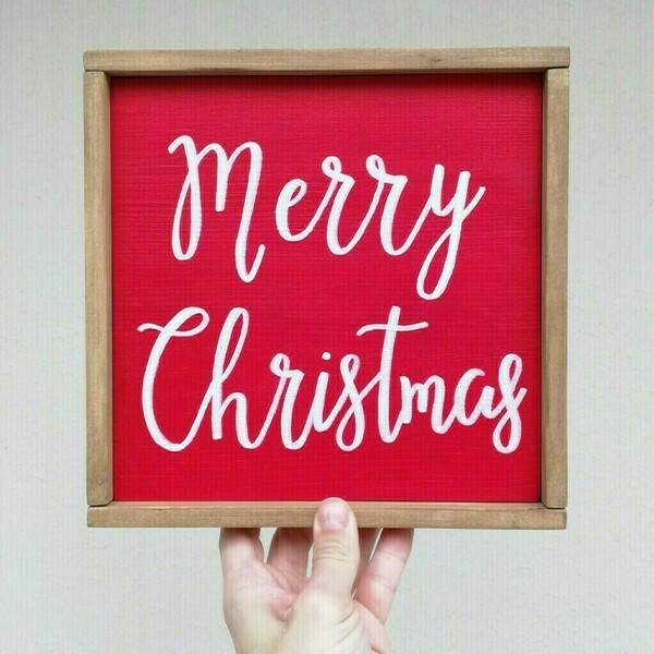 "Merry Christmas" - Χριστουγεννιάτικη ξύλινη πινακίδα 22 × 22 εκ. - ξύλο, χριστουγεννιάτικο, διακοσμητικά, merry christmas - 2