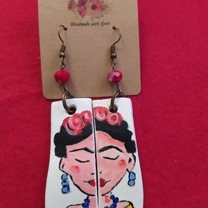 Ζωγραφισμένα στο χέρι κρεμαστά σκουλαρίκια Frida Kahlo - πηλός, boho, κρεμαστά, μεγάλα, φθηνά