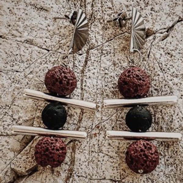 Καρφωτα κρεμαστά σκουλαρίκια από ανοξείδωτο ατσαλι και χάντρες λάβας - ημιπολύτιμες πέτρες, ορείχαλκος, επάργυρα, καρφωτά, ατσάλι - 4