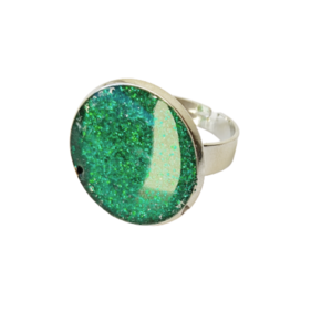 Δαχτυλίδι στρογγυλό με πράσινο γκλίτερ - γυαλί, αυξομειούμενα, φθηνά