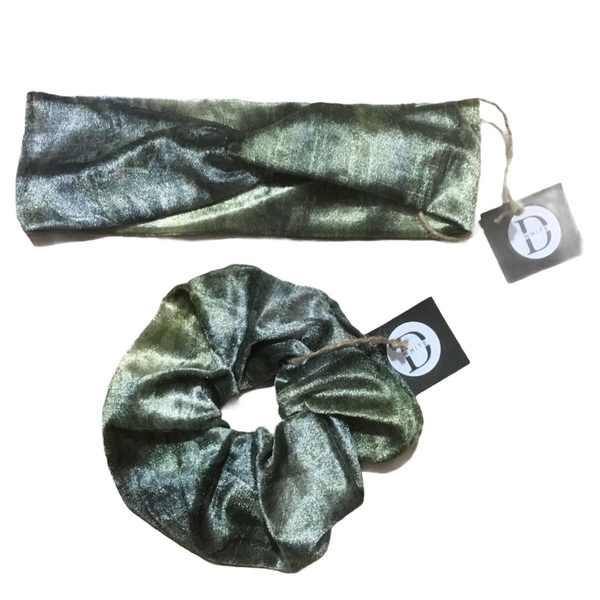 Handmade Headband and Scrunchie Velvet Green Set - λαστιχάκι, headbands