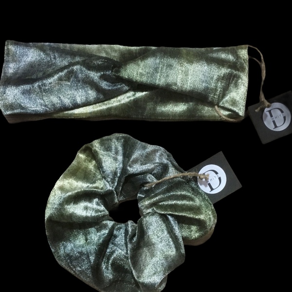 Handmade Headband and Scrunchie Velvet Green Set - λαστιχάκι, headbands - 2
