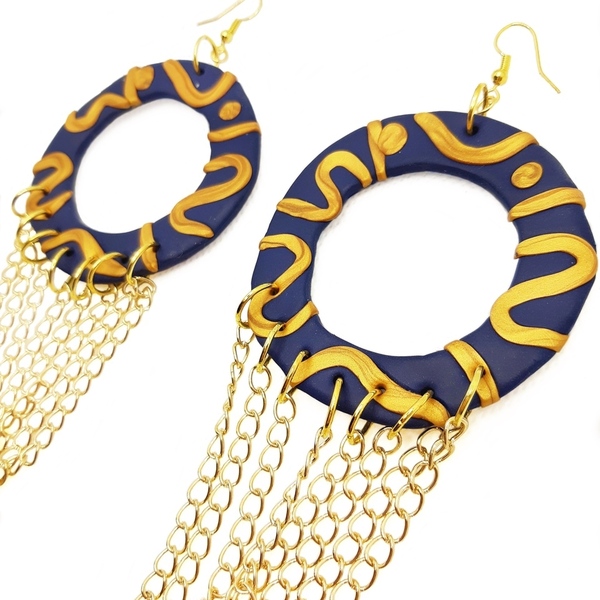 Σκουλαρίκια από πηλό, μπλε-χρυσό με κυκλικό σχέδιο και αλυσίδες - πηλός, μακριά, κρεμαστά, μεγάλα, faux bijoux - 3