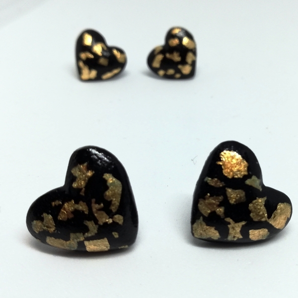Σκουλαρίκια μαύρες καρδιές με φύλλα χρυσού - καρδιά, καρφωτά, κοσμήματα - 4