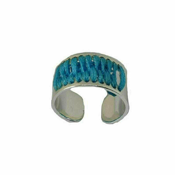 Χειροποίητο δαχτυλίδι με γαλάζια κλωστή - ορείχαλκος, επάργυρα, μικρά, αυξομειούμενα, φθηνά