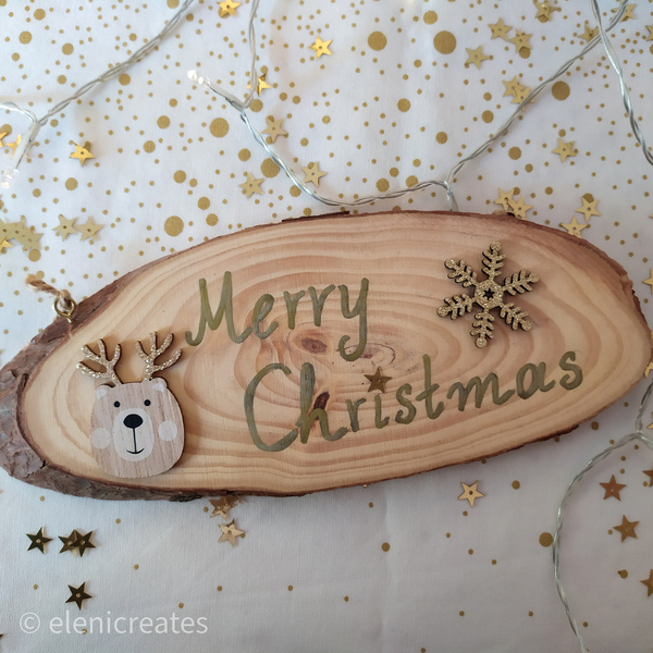 Χριστουγεννιάτικη επιγραφή πινακίδα "Merry Christmas" 25 εκ. - ξύλο, διακοσμητικά, χιονονιφάδα, χριστουγεννιάτικα δώρα - 2