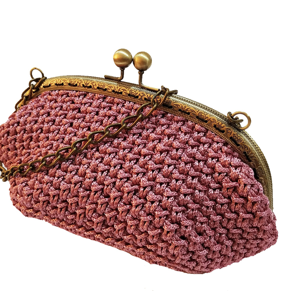 Χειροποίητη πλεκτή τσάντα ροζ (σάπιο μήλο) με αλυσίδα - clutch, ώμου, χιαστί, all day, πλεκτές τσάντες, φθηνές