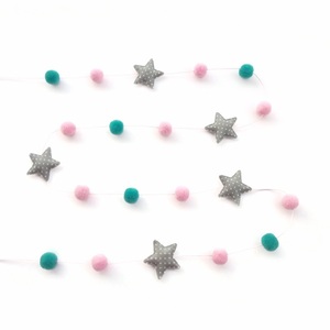 Διακοσμητική Γιρλάντα με Ροζ,Περόλ Πον Πον και Υφασμάτινα Γκρι Αστέρια 2,5μ - κορίτσι, αστέρι, γιρλάντες, pom pom