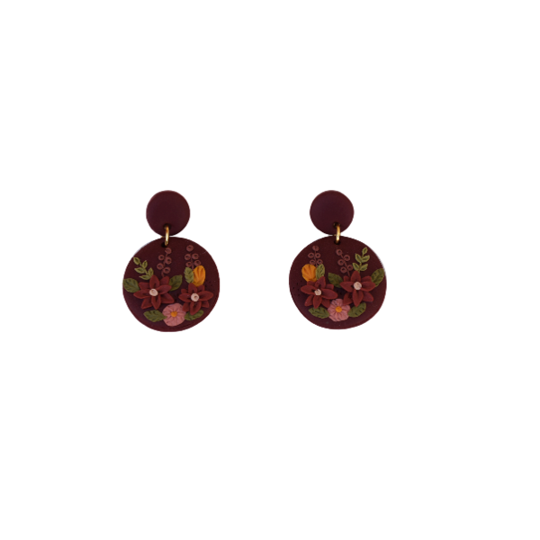 "Flowery burgundy"- Χειροποίητα μικρά καρφωτά σκουλαρίκια από πηλό με λουλούδια (3,5εκ.) (ατσάλι) - πηλός, λουλούδι, μικρά, ατσάλι, κρεμαστά