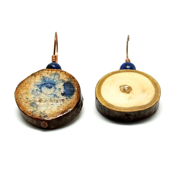 Σκουλαρίκια κρεμαστά από ξύλο και μπλε ίασπις πέτρες - ημιπολύτιμες πέτρες, ξύλο, ορείχαλκος, κρεμαστά - 3