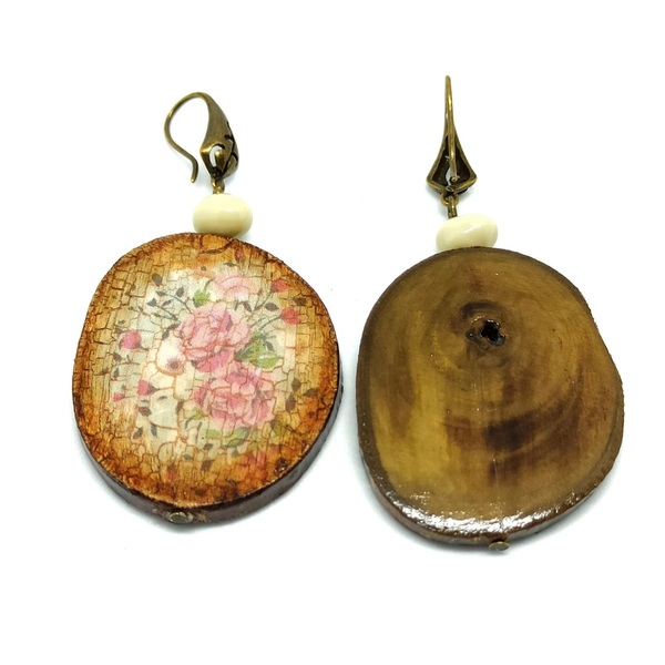 Vintage σκουλαρίκια από ξύλο - ξύλο, ορείχαλκος, πέτρες, κρεμαστά - 3