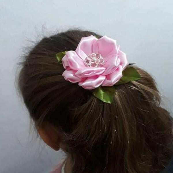 Λαστιχακι "Ροζ ανοιχτο λουλουδι" - ύφασμα, λαστιχάκια μαλλιών - 4