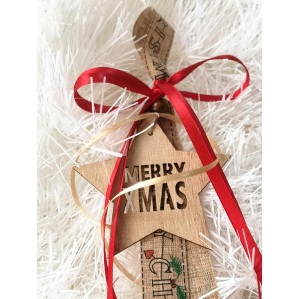 Γούρι Merry Christmas - ξύλο, αστέρι, χριστούγεννα, χριστουγεννιάτικα δώρα, γούρια - 3