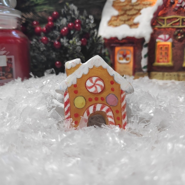 Καρφίτσα από πηλό, Χριστουγεννιάτικο μπισκοτόσπιτο gingerbread - σπίτι, πηλός, χειροποίητα - 2