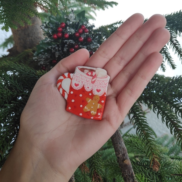 Καρφίτσα από πηλό, Χριστουγεννιάτικη κούπα με ζαχαρωτά και μπισκότο - χειροποίητα, χριστουγεννιάτικα δώρα - 3