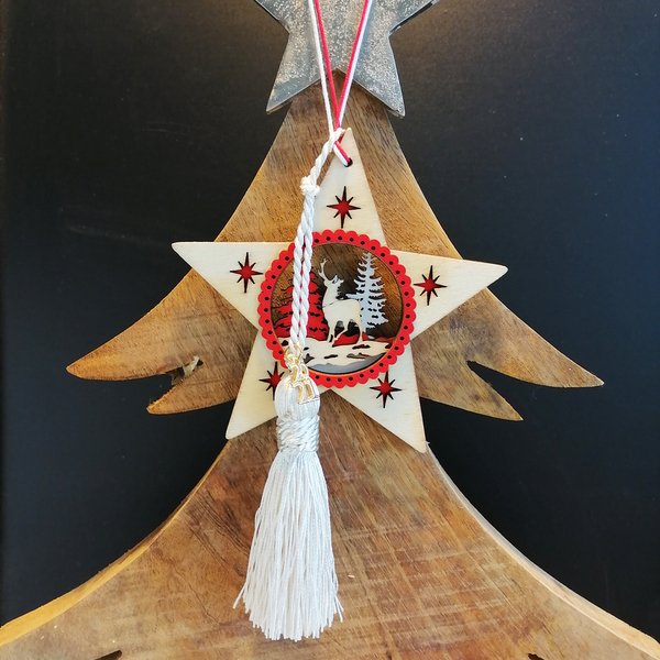 Κρεμαστό ξύλινο γούρι 2021 τρισδιάστατο αστέρι φυσικό - χριστουγεννιάτικα δώρα, γούρια - 4
