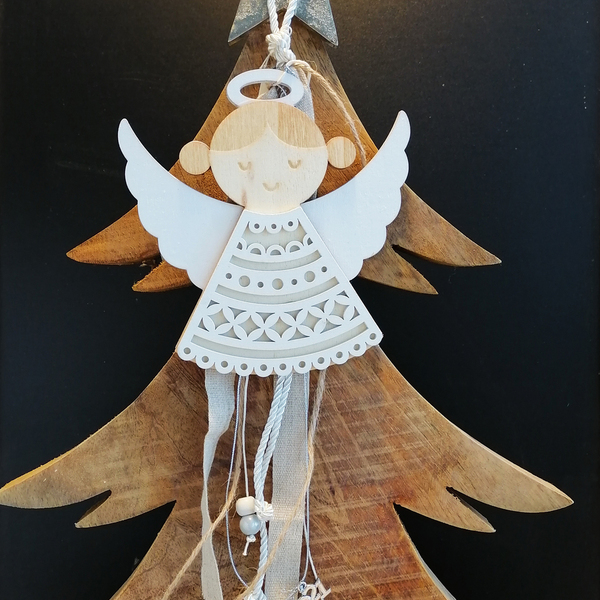 Κρεμαστό ξύλινο γούρι 2021 ανάγλυφο αγγελάκι - ξύλο, χριστουγεννιάτικα δώρα, γούρια - 4