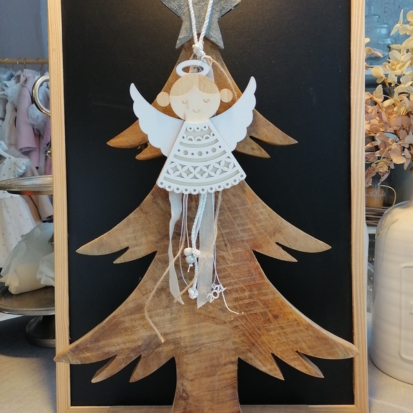 Κρεμαστό ξύλινο γούρι 2021 ανάγλυφο αγγελάκι - ξύλο, χριστουγεννιάτικα δώρα, γούρια - 5