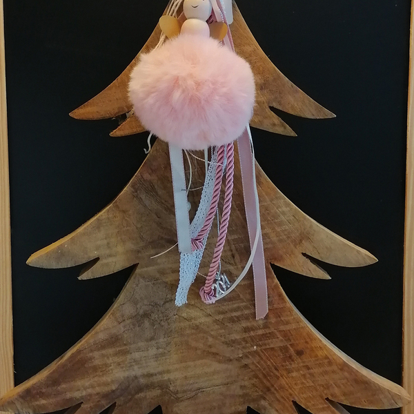 Κρεμαστό Γούρι Γούνινο Κοριτσάκι - ύφασμα, ξύλο, χριστουγεννιάτικα δώρα, γούρια - 3