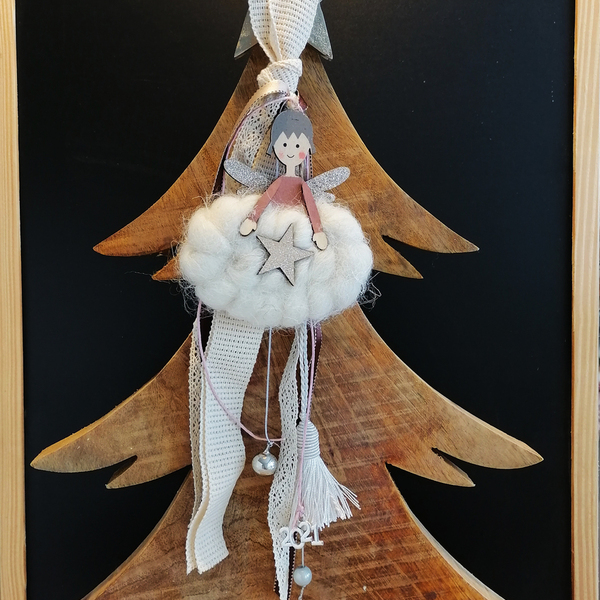 Γούρι Κοριτσάκι Φτερά glitter Μάλλινο Φόρεμα Αστέρι - ύφασμα, ξύλο, χριστουγεννιάτικα δώρα, γούρια - 4
