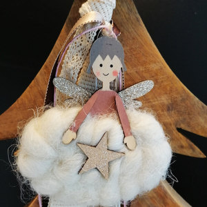 Γούρι Κοριτσάκι Φτερά glitter Μάλλινο Φόρεμα Αστέρι - ύφασμα, ξύλο, χριστουγεννιάτικα δώρα, γούρια - 5