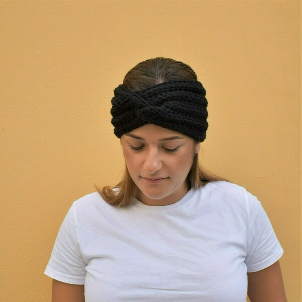 Χειροποίητη πλεκτή στριφτή κορδέλα μαύρη από 100% ακρυλικό νήμα - μαλλί, turban, headbands - 3