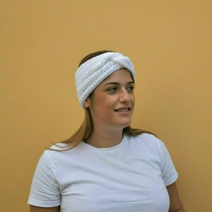 Χειροποίητη πλεκτή στριφτή κορδέλα άσπρη από 100% ακρυλικό νήμα - μαλλί, turban, headbands - 2