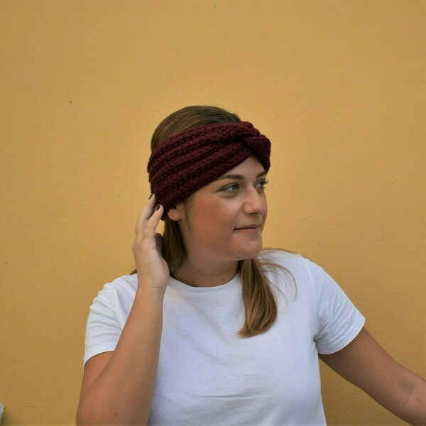 Χειροποίητη πλεκτή στριφτή κορδέλα μπορντό από 100% ακρυλικό νήμα - μαλλί, turban, headbands - 2
