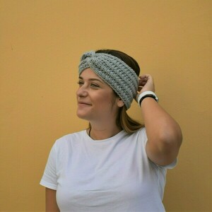 Χειροποίητη πλεκτή στριφτή κορδέλα γκρί ανοιχτό από 100% ακρυλικό νήμα - μαλλί, turban, headbands - 3