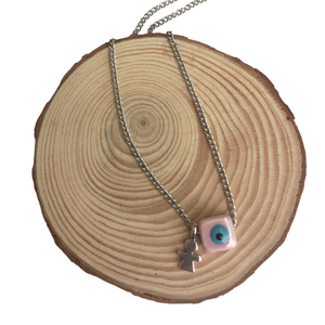 Κολιέ με ασημί αλυσίδα ροζ κεραμική χάντρα κύβο ματάκι - charms, μάτι, χάντρες, κύβος