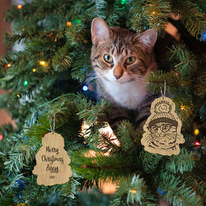 Ξύλινo Στολίδι – Γάτα με σκούφο (Με δυνατότητα χάραξης ονόματος ) - ξύλο, χριστουγεννιάτικα δώρα, στολίδια, προσωποποιημένα - 3