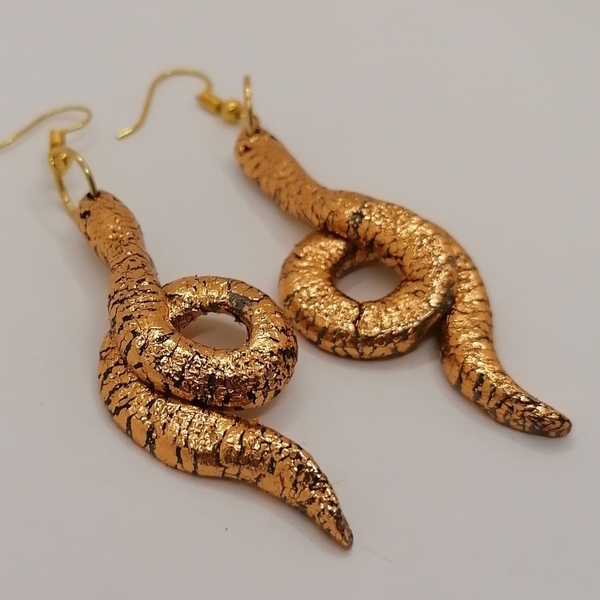Σκουλαρίκι χρυσό φίδι - χρυσό, πηλός, ατσάλι, κρεμαστά - 2
