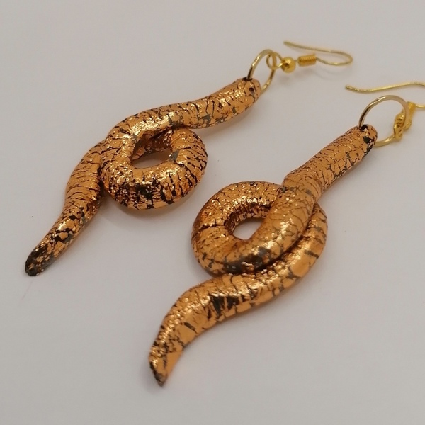 Σκουλαρίκι χρυσό φίδι - χρυσό, πηλός, ατσάλι, κρεμαστά - 3