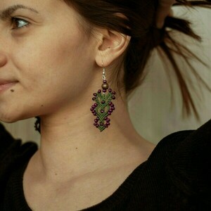 Μacrame flower earrings - μακραμέ, χειροποίητα, boho, κρεμαστά, μεγάλα - 2