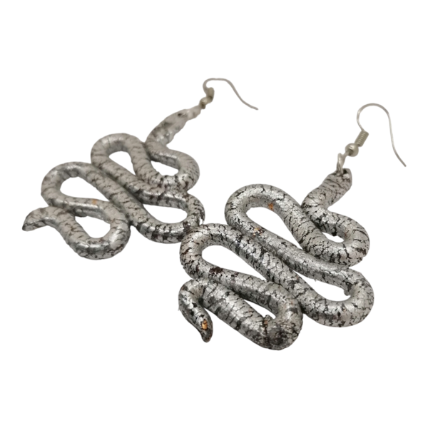 Σκουλαρίκια ασημί φίδι από πολυμερικό πηλό - πηλός, κρεμαστά, μεγάλα, γάντζος, faux bijoux