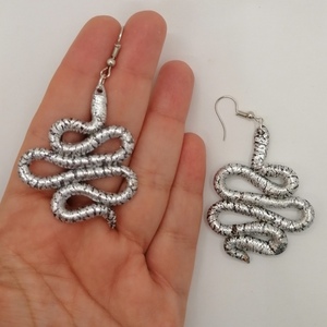 Σκουλαρίκια ασημί φίδι από πολυμερικό πηλό - πηλός, κρεμαστά, μεγάλα, γάντζος, faux bijoux - 2