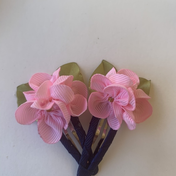 Κοκκαλάκια Blue Pink Flower - ροζ, κορίτσι, λουλούδια, για τα μαλλιά, αξεσουάρ μαλλιών - 2
