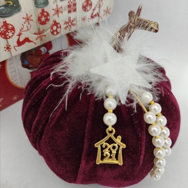 Βελούδινη Κολοκύθα με πέρλες 12cm - ύφασμα, χριστουγεννιάτικα δώρα, κολοκύθα, γούρια, προσωποποιημένα - 2