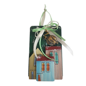 Γούρι καδράκι χειροποίητο ξύλινο Σπίτια με μεταλλικό ρόδι 7x11x3 Πράσινο Καπαδάκης - ξύλο, χειροποίητα, ρόδι, χριστουγεννιάτικα δώρα, γούρια
