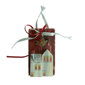 Γούρι καδράκι ξύλινο χειροποίητο Σπίτια με μεταλλικό περιστέρι 7x11x4 Μπορντό Καπαδάκης - ξύλο, ζωγραφισμένα στο χέρι, χειροποίητα, χριστουγεννιάτικα δώρα, γούρια