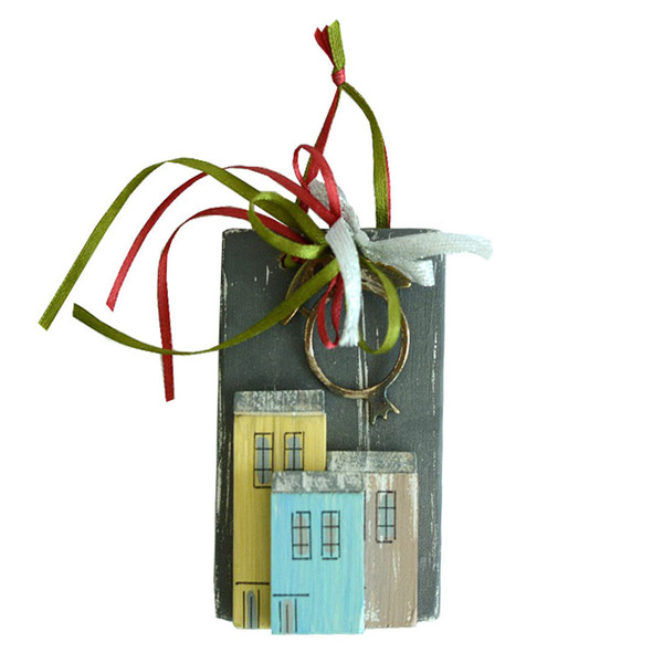 Γούρι καδράκι ξύλινο χειροποίητο Σπίτια με μεταλλικό ρόδι 7x11x4 Γκρί Καπαδάκης - ξύλο, χειροποίητα, ρόδι, χριστουγεννιάτικα δώρα, γούρια