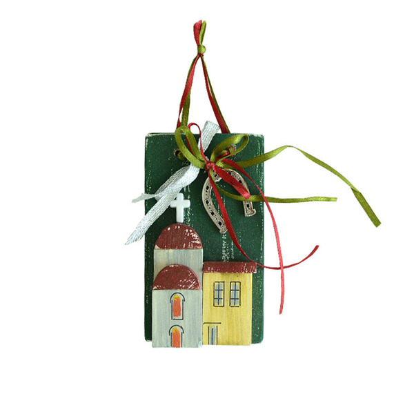 Γούρι καδράκι ξύλινο χειροποίητο Σπίτια με μεταλλικό πέταλο 7x11x4 Πράσινο Καπαδάκης - ξύλο, χειροποίητα, χριστουγεννιάτικα δώρα, γούρια