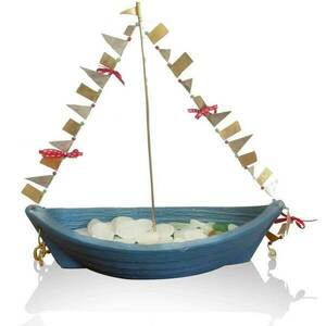 Κεραμική βάρκα με μπρούτζινες σημαίες - πηλός, χειροποίητα, καράβι, διακοσμητικά