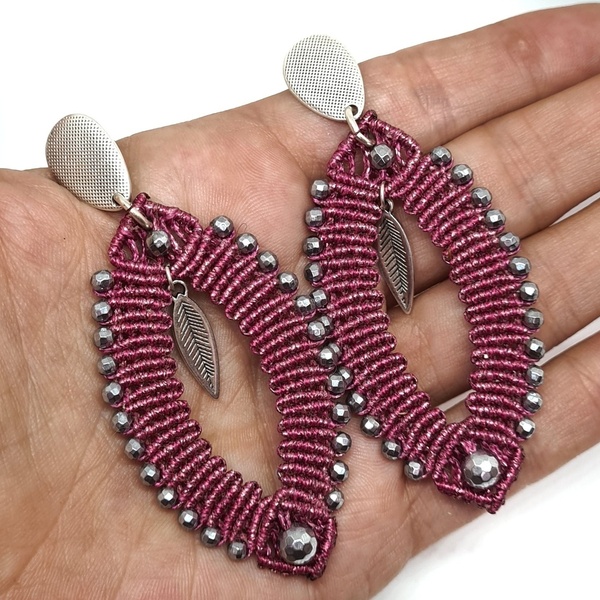 Ροζ σκουλαρίκια μακραμέ με αιματίτη - ημιπολύτιμες πέτρες, επάργυρα, boho, κρεμαστά, μεγάλα - 5