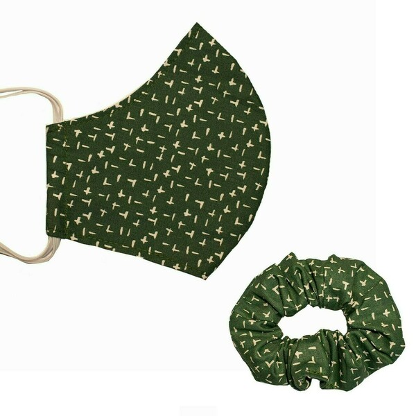 Υφασμάτινη μάσκα & scrunchie Πράσινο γεωμετρικό - μάσκες προσώπου