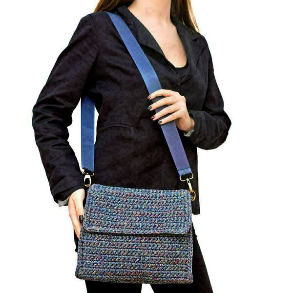 Τετράγωνη πλεκτή χειροποίητη τσάντα πολύχρωμη - ώμου, χιαστί, μεγάλες, all day, πλεκτές τσάντες - 2