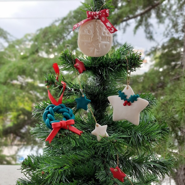 Χριστουγεννιάτικα στολίδια 4 τεμ - αστέρι, πηλός, χειροποίητα, στολίδια, δέντρο - 2