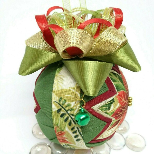 Χριστουγεννιάτικη μπάλα στολίδι με ποϊνσέτια ή αλεξανδρινό - ύφασμα, χριστουγεννιάτικα δώρα, στολίδια, μπάλες - 2