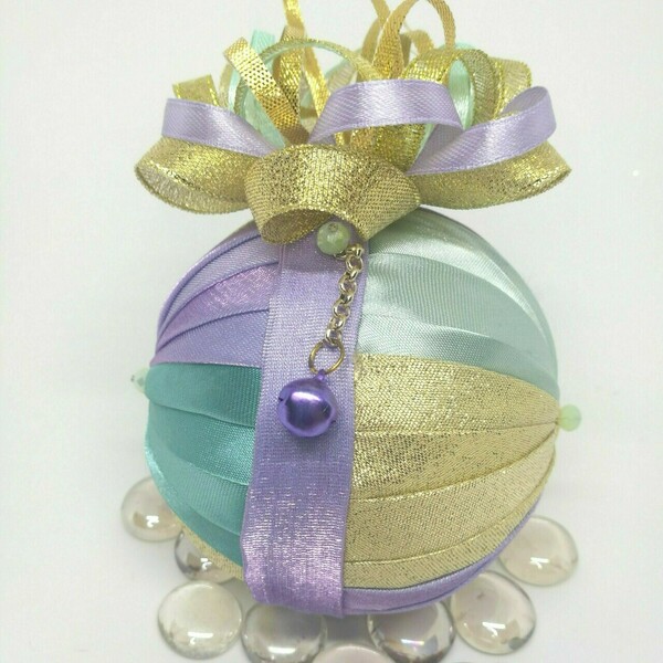Χριστουγεννιάτικη μπάλα στολίδι με παλ χρώματα - ύφασμα, χριστουγεννιάτικα δώρα, στολίδια, μπάλες - 5